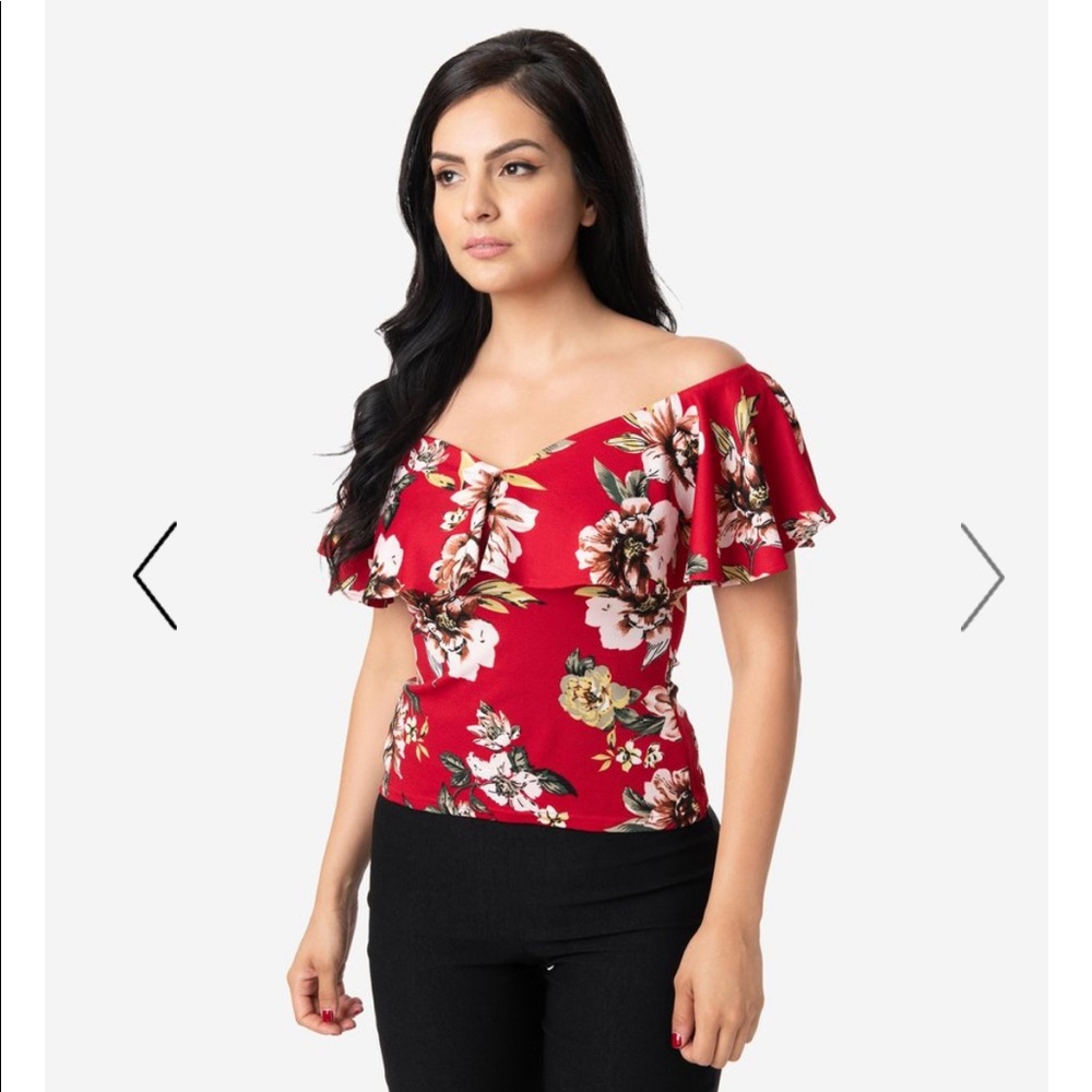 1950s Burgundy Off Shoulder Ruffle Frenchie Top